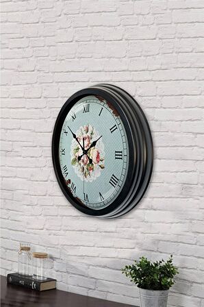 40 Cm Siyah Metal Pink Rose Duvar Saati