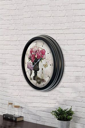 40 Cm Siyah Metal Pembe Çiçek Duvar Saati
