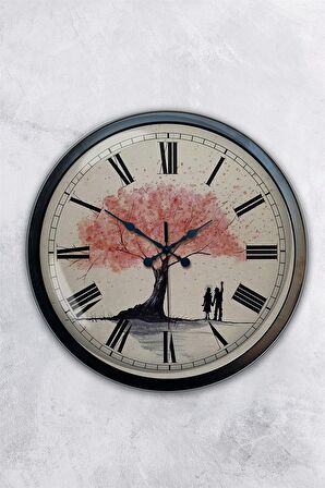 40 Cm Siyah Metal Pembe Ağaç Duvar Saati