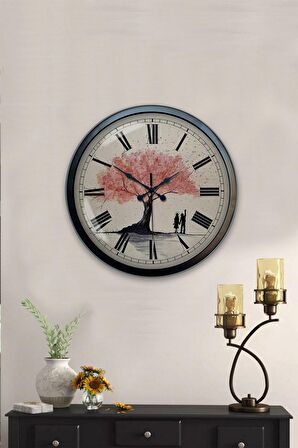 40 Cm Siyah Metal Pembe Ağaç Duvar Saati