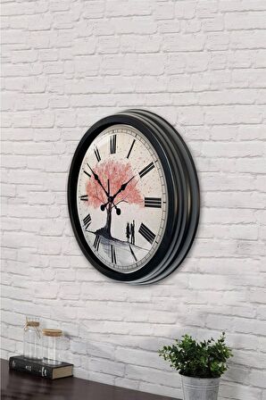 40 Cm Siyah Metal Pembe Ağaç Duvar Saati