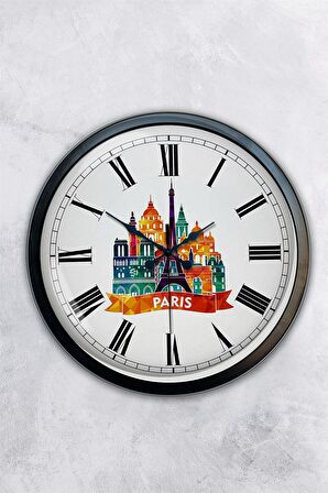 40 Cm Siyah Metal Paris Temalı Duvar Saati