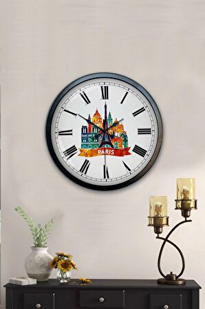 40 Cm Siyah Metal Paris Temalı Duvar Saati