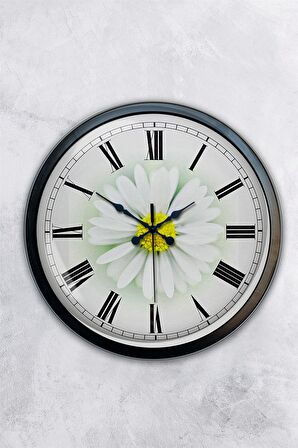 40 Cm Siyah Metal Papatya Duvar Saati