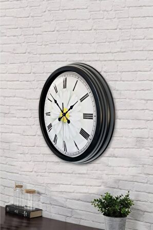 40 Cm Siyah Metal Papatya Duvar Saati
