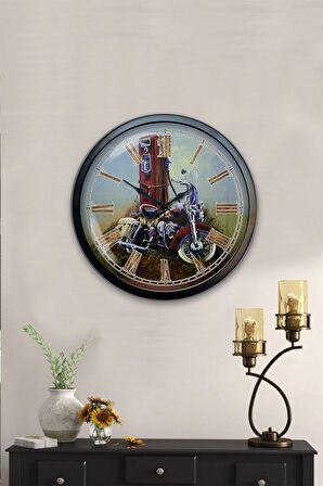 40 Cm Siyah Metal Motorsiklet Duvar Saati