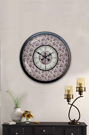 40 Cm Siyah Metal Mor Çiçek Duvar Saati