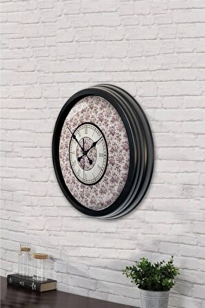 40 Cm Siyah Metal Mor Çiçek Duvar Saati