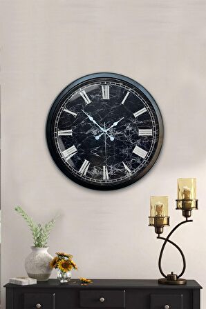 40 Cm Siyah Metal Mermer Desenli Duvar Saati