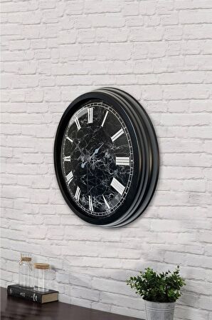 40 Cm Siyah Metal Mermer Desenli Duvar Saati