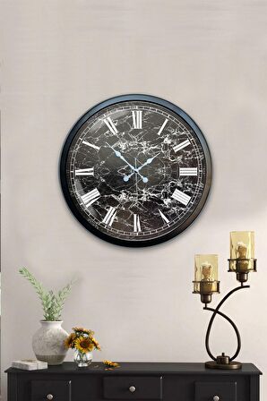 40 Cm Siyah Metal Mermer Desenli Duvar Saati