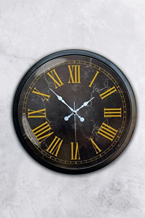 40 Cm Siyah Metal Mermer Desen Roma Rakamlı Duvar Saati