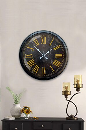40 Cm Siyah Metal Mermer Desen Roma Rakamlı Duvar Saati