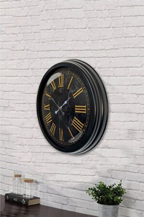 40 Cm Siyah Metal Mermer Desen Roma Rakamlı Duvar Saati