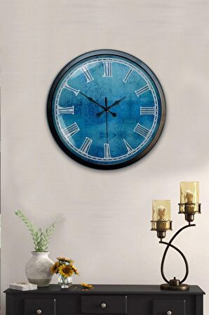 40 Cm Siyah Metal Mavi Desen Duvar Saati