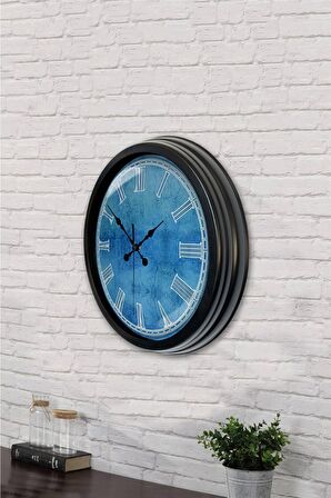 40 Cm Siyah Metal Mavi Desen Duvar Saati