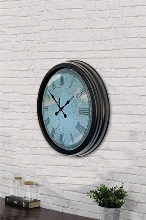40 Cm Siyah Metal Mavi  Duvar Saati
