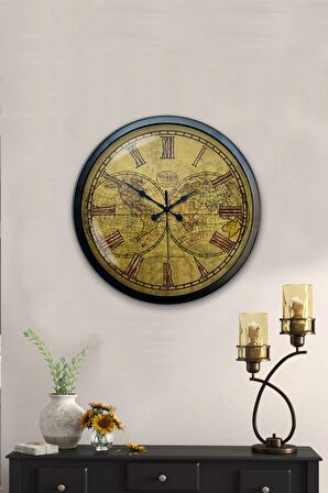 40 Cm Siyah Metal Maps Duvar Saati
