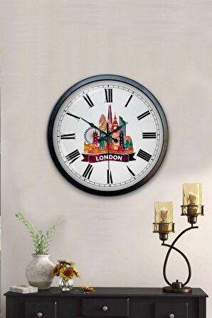 40 Cm Siyah Metal London Temalı Duvar Saati