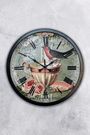 40 Cm Siyah Metal Kuşlu Duvar Saati