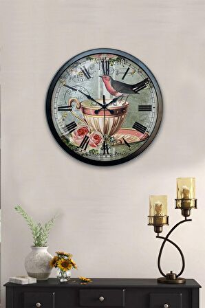 40 Cm Siyah Metal Kuşlu Duvar Saati