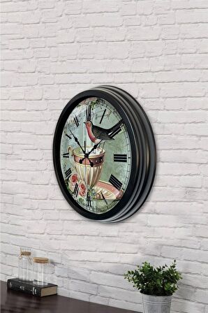 40 Cm Siyah Metal Kuşlu Duvar Saati
