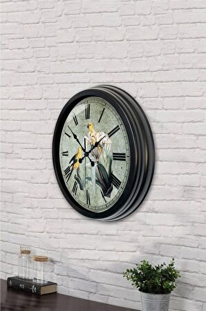 40 Cm Siyah Metal Kuşlar Duvar Saati