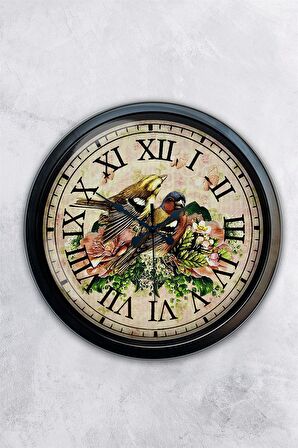 40 Cm Siyah Metal Kuş Duvar Saati