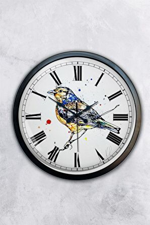 40 Cm Siyah Metal Kuş Çizim Duvar Saati