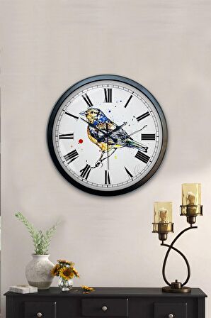 40 Cm Siyah Metal Kuş Çizim Duvar Saati