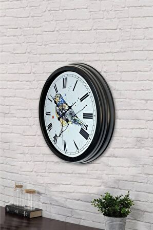 40 Cm Siyah Metal Kuş Çizim Duvar Saati