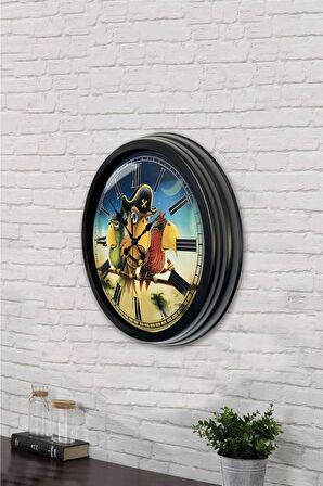 40 Cm Siyah Metal Korsan Papağan Duvar Saati