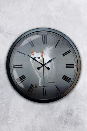40 Cm Siyah Metal Kedi Duvar Saati
