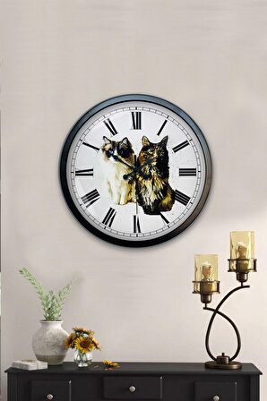 40 Cm Siyah Metal Kedi Duvar Saati