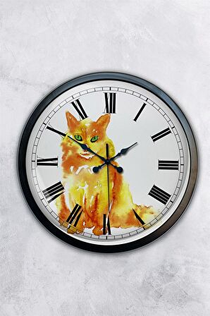 40 Cm Siyah Metal Kedi Duvar Saati