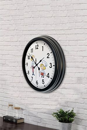 40 Cm Siyah Metal Kadın Aşçı Duvar Saati