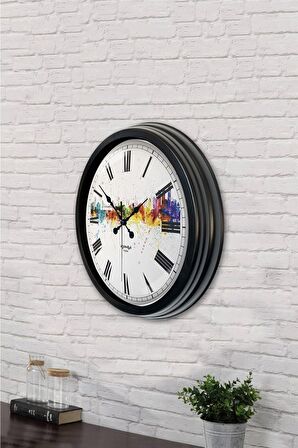 40 Cm Siyah Metal İstanbul Temalı Duvar Saati