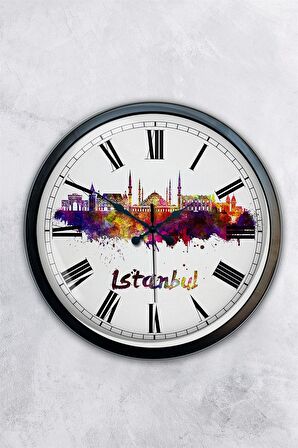 40 Cm Siyah Metal İstanbul Temalı Duvar Saati