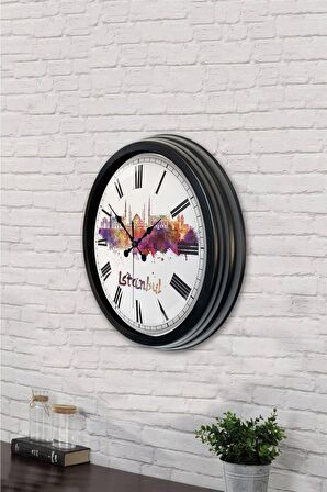 40 Cm Siyah Metal İstanbul Temalı Duvar Saati