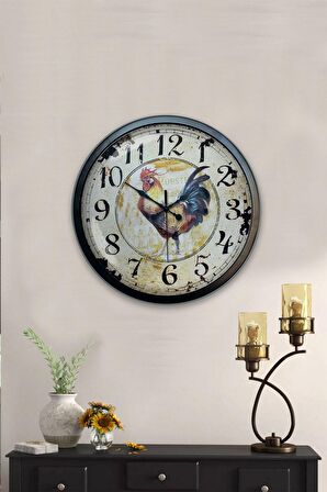 40 Cm Siyah Metal Horoz Duvar Saati
