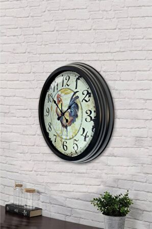 40 Cm Siyah Metal Horoz Duvar Saati