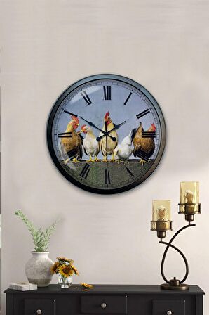 40 Cm Siyah Metal Horoz Duvar Saati