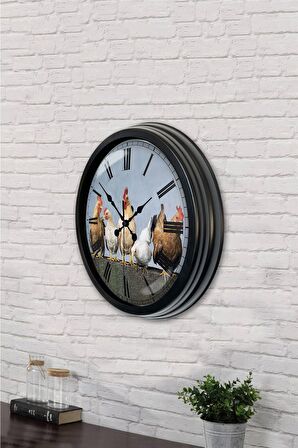 40 Cm Siyah Metal Horoz Duvar Saati