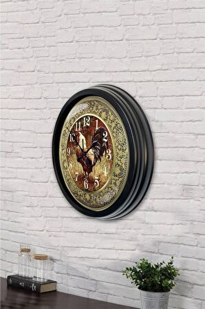 40 Cm Siyah Metal Horoz Duvar Saati