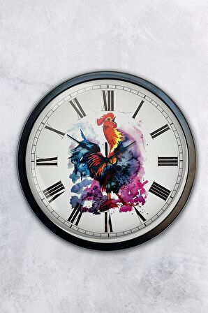 40 Cm Siyah Metal Horoz Duvar Saati