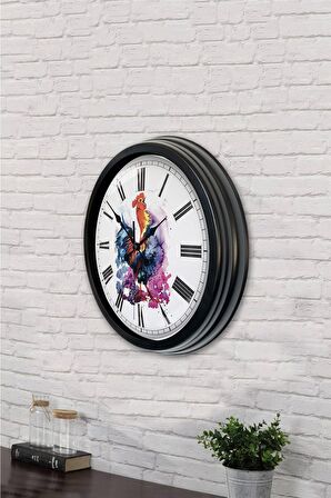 40 Cm Siyah Metal Horoz Duvar Saati