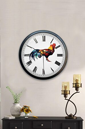 40 Cm Siyah Metal Horoz Duvar Saati