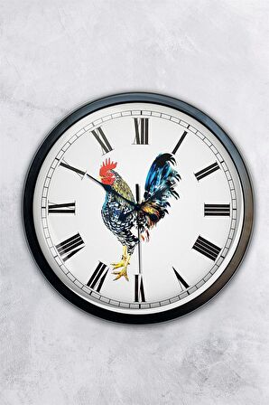 40 Cm Siyah Metal Horoz Duvar Saati