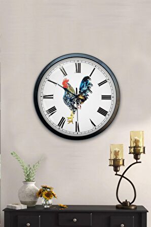 40 Cm Siyah Metal Horoz Duvar Saati