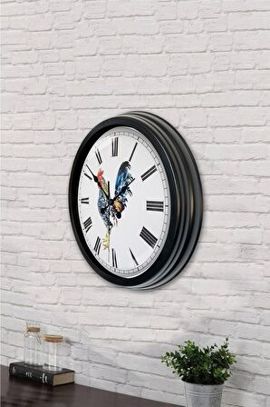 40 Cm Siyah Metal Horoz Duvar Saati